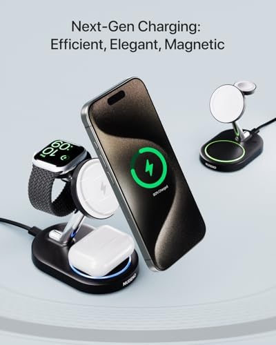 Effortless 3-in-1 Fast Charging Station for i Phone 16/16 Pro/16 Pro Max – Magnetic Wireless Charger Stand for i Phone, Apple Watch & Air Pods – Sleek, Compact Design with Mag Safe Technology for Optimal Efficiency and Safety – Perfect for Home, Office, and Travel
