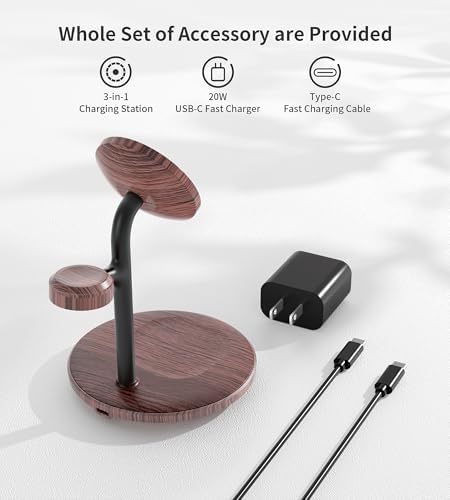 Sleek Yellow Wood Grain 3-in-1 Wireless Charging Station for Apple Devices – Fast 15 W Mag-Safe Charger with QC 3.0 Adapter for i Phone 16/15/14/13/12, Apple Watch Ultra/S9/8, and Air Pods – Elevate Your Workspace with Ultimate Compatibility and Modern Aesthetics, Perfect for Streamlined Charging Solutions