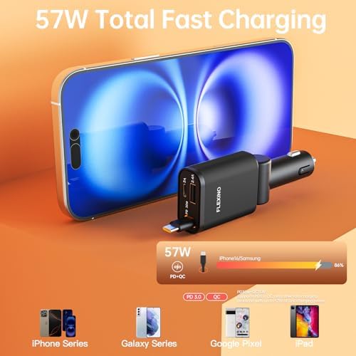 Ultra-Slim Flexino Retractable Car Charger – 57 W Fast Charge for i Phone 16/15, Galaxy, Pixel – Dual USB-C Ports for Concurrent Charging – Compact & Tangle-Free Design – Essential Travel Accessory for Seamless Connectivity