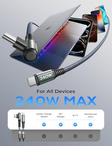 Optimize your charging setup with the AINOPE 240 W USB C to USB C Cable, a 6-foot powerhouse engineered for ultimate speed and flexibility. Featuring a right-angle connector, this fast charging cable is perfect for gaming or multitasking without the clutter of tangled cords. Compatible with the latest devices, including i Phone 16 Pro Max, i Phone 15, Mac Book Air/Pro, i Pad Pro, Samsung Galaxy, and Pixel, it delivers an impressive 240 W power output for rapid charging. The dual-pack offers exceptional value, ensuring you have a reliable charging solution wherever you go. Built with premium materials for durability, the sleek grey and blue design enhances your tech aesthetic while providing long-lasting performance. Elevate your device charging experience with this versatile cable, designed for both home and office use, while ensuring seamless connectivity across all your electronics.