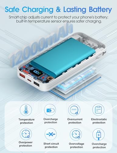 Ultra-Compact 12000 m Ah Power Bank with Built-in Charging Cables & AC Plug – 20 W PD Fast Charging for i Phone, Samsung, Android, USB-C Devices – Travel-Friendly External Battery Pack in Purple – Unmatched Portability and Efficiency for On-the-Go Charging Solutions