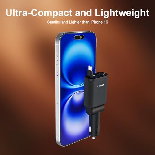 Ultra-Slim Flexino Retractable Car Charger – 57 W Fast Charge for i Phone 16/15, Galaxy, Pixel – Dual USB-C Ports for Concurrent Charging – Compact & Tangle-Free Design – Essential Travel Accessory for Seamless Connectivity