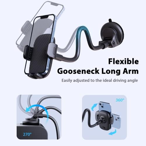 Qifutan Premium Anti-Shake Car Phone Holder with Long Arm Design – Universal Dashboard & Windshield Mount for All Smartphones, Enhanced Stability & Safety for Hands-Free Driving, Black