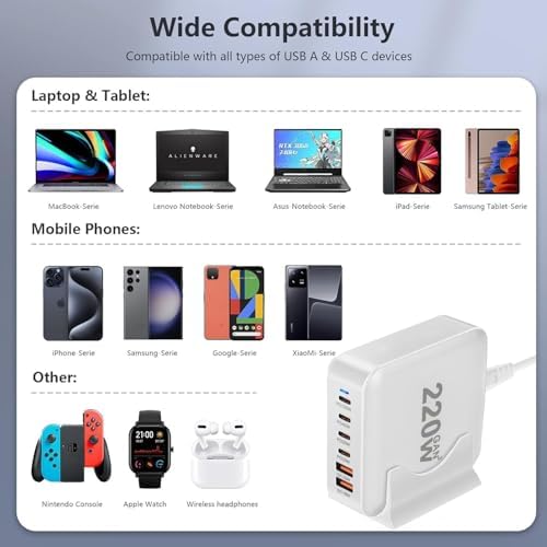 High-Power 220 W USB C Charging Station with Ga N III Technology – Multi-Port Hub Featuring 4 USB-A & 2 USB-C Ports, QC4.0 Fast Charge for Mac Book Pro & Devices – Sleek, Compact Design for Home or Office Use
