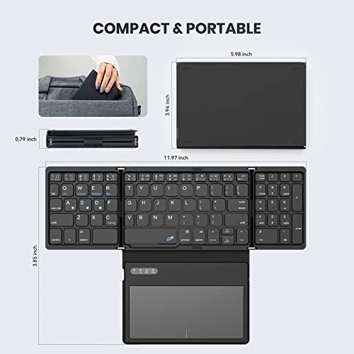 Ultimate Portable Bluetooth Keyboard with Touchpad – Foldable Full-Size Wireless Keyboard for Windows, Android & Mac – Sync 3 Devices, Premium PU Leather Design for Travel & Home Use