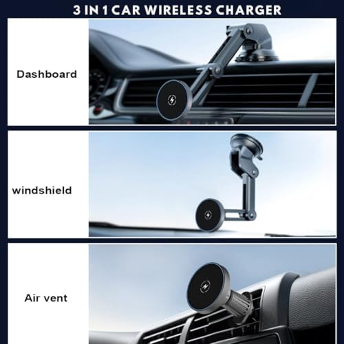 2025 Compatible with iPhone and Android Car Mount Charger for MagSafe 3-in-1 Wireless Fast Charging with Magnetic Suction Cup Mount for Windshield, Vent, or Dash, Type-C Input, 15W Output Power – Enhanced Compatibility and Speed