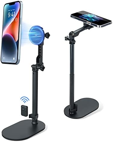 JJC Strong Magnetic Phone Desk Stand Compatible with MagSafe for iPhone 16, 15, 14, 13, 12 Pro Max Plus, MagSafe Case & All Smartphones, Height & Angle Adjustable iPhone Stand with Remote Control – Enhanced Compatibility and Speed