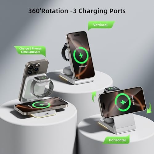 Premium Aluminum 3-in-1 Foldable Wireless Charger Station – Fast Magnetic Charging Dock for i Phone 16/15/14/13/12, Apple Watch & Air Pods with Touch Night Light – Portable Travel Charger with 20 W PD Adapter & Waterproof Case – Ideal Gift for Home, Office & On-the-Go Use