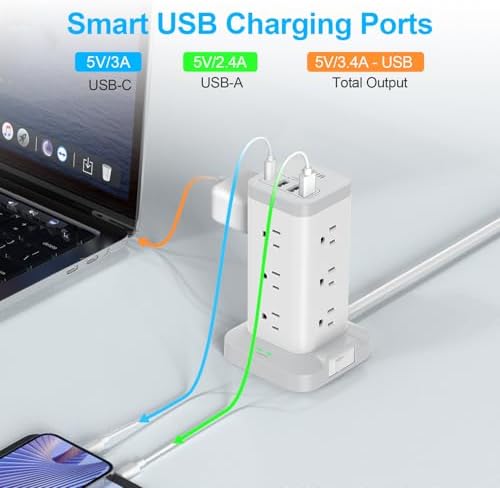 Maximize Workspace Efficiency with the BEVA Surge Protector Power Strip Tower – 12 AC Outlets & 4 Fast-Charging USB Ports, 6.5 FT Extension Cord for Optimal Device Organization and Safety in Office and Home Settings