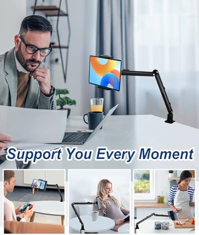 Ergonomic Adjustable Tablet Desk Mount for i Pad – Aluminum Clamp Holder for 4.7-15.6″ Devices including i Phone, Kindle, and Nintendo Switch – Sturdy Arm Design for Optimal Viewing Angles and Reduced Neck Strain – Perfect for Home Office and Entertainment Use