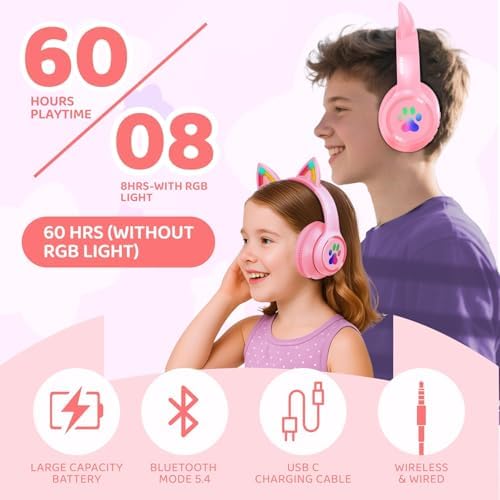MIDOLA Cat Ear Bluetooth 5.3 Wireless Headphones for Kids – 60-Hour Playtime, Fun LED Illumination, Travel-Friendly Foldable Design with Integrated Microphone – Ideal for Music, Gaming, and Movies on the Move in Stylish Blue