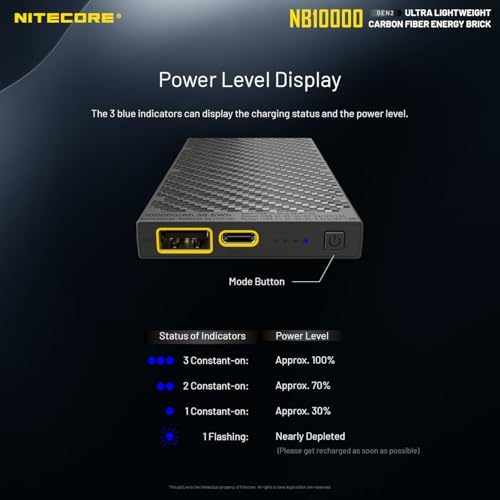 Nitecore NB10000 Gen II Ultra-Slim 10,000 m Ah Power Bank – Lightning-Fast QC USB & USB-C Dual Output Charger with Dual Cable Bundle – Ultimate Portability for Phones, Flashlights, and Headlamps – Waterproof & Durable Design for Active Lifestyles