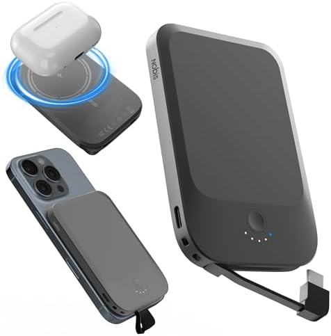 NOBIS 5000 m Ah Slim Magnetic Power Bank with Built-In USB-C Cable – Wireless Portable Charger for Quick Charge 3.0 and Mag Safe Compatibility – 22.5 W Fast Charging Solution for Android and i Phone Users on the Go