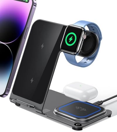 2024 Enhanced 3-in-1 Wireless Charging Station for Apple Devices – Fast Charging Dock for i Phone 16/15/14/13/12/11, Apple Watch, and Air Pods in Stylish Purple – Ultimate Multi-Device Charging Solution with Safety Features and Sleek Design