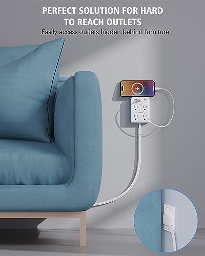Maximize Power Efficiency with 6 ft Flat Electrical Outlet Extender – 4 Outlets & 3 USB-C Ports, Space-Saving Surge Protector for Home & Office, Rapid Device Charging Power Hub, Sleek White Design