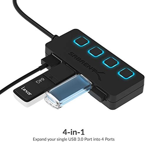 SABRENT 4-Port USB 3.0 Hub with Individual LED Power Switches – Ultra-Slim, Portable Design with 2 Ft Cable for Effortless Data Transfer – Compatible with Mac & PC, Perfect for Home and Office Use