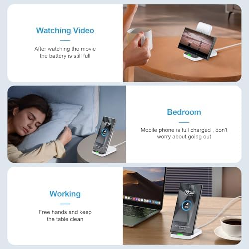 Effortless 15 W Fast Charging Wireless Stand for Pixel, Samsung, and i Phone – Universal Compatibility with QC3.0 Adapter – Sleek Ergonomic Design for Quick Access and Safety Features for Overheating Protection – Ideal for Tech Enthusiasts and Busy Professionals