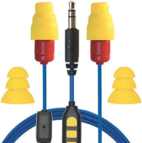 Discover the Ultimate Plugfones Protector Plus VL In-Ear Earplug Headphones – Noise-Reducing Earbuds with Integrated Mic and Controls for Superior Sound Isolation, Stylish Blue & Yellow Design, OSHA Compliant Durability for Work and Leisure.