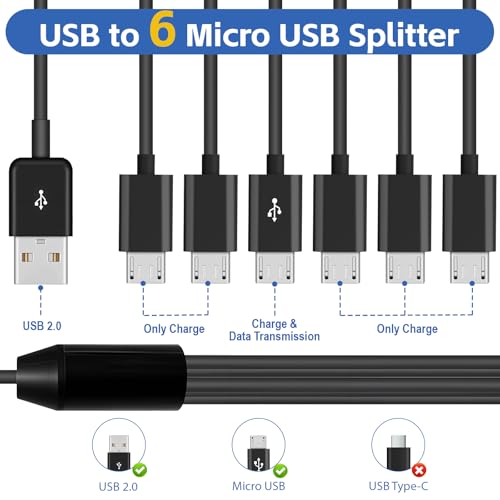 Herfair 6-Way Micro USB Splitter Cable – 4.92 FT Multi Charging Cord for Enhanced Device Connectivity and Fast Data Transfer – USB 2.0 Type A Male to 6 Micro USB Male Adapters – Universal Compatibility for Smartphones, Tablets, and More