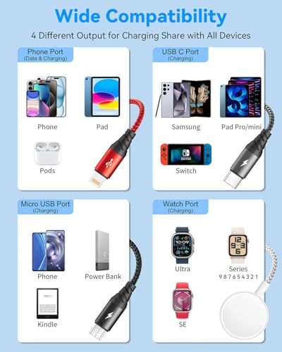 Revolutionary 4-in-1 Fast Charging Cable for Apple Watch and i Phone – Versatile Multi-Device Charger Compatible with i Phone 16, 15, 14, 13, Galaxy Models, and All Apple Watch Generations – Durable 4-Foot Braided Cord for Effortless Portability and Rapid Power Restoration – Your Essential Tech Companion for Streamlined Charging Solutions