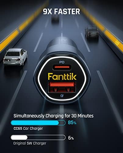 High-Performance Fanttik 65 W Dual Port USB-C Car Charger – Fast Charging Adapter for i Phone 14/14 Pro, Mac Book Air, and Samsung Galaxy Devices – Enhanced PD3.0 & QC3.0 Compatibility for On-the-Go Power Solutions