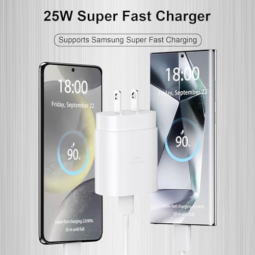 High-Speed 25 W Type C Wall Charger for Samsung Galaxy S25 Series – Includes Dual 10 FT USB-C Cables for Enhanced Flexibility and Safety – Lightning-Fast Charging with Compact Design for Travel Enthusiasts and Everyday Users
