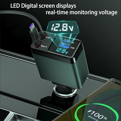 Ultimate 4 in 1 Retractable Car Charger – 66 W Fast Charging Cigarette Lighter Adapter with Integrated USB-C & i Phone Cords – Compatible with i Phone 16, 15/15 Pro Max, Samsung Galaxy, and Pixel Smartphones – Ideal for Effortless On-the-Go Charging