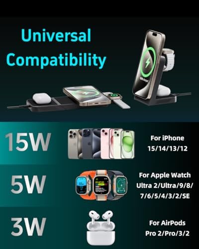 Revolutionize Your Charging Experience with the 3-in-1 Magnetic Wireless Charging Station – Fast 15 W Power for i Phone 16/15/14/13/12, 5 W Speed for Apple Watch, and Air Pods Compatibility – Includes 30 W USB-C Charger for Ultimate Efficiency and Portability – Sleek Design for Modern Spaces