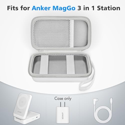 Portable 3-in-1 Charging Case for Anker Mag Go – Qi2 Certified 15 W Mag Safe Wireless Charger with Foldable Magnetic Stand for Apple Devices, Includes Storage for USB-C Cable and Apple Watch – Sleek White Travel Accessory for Ultimate Convenience and Efficiency