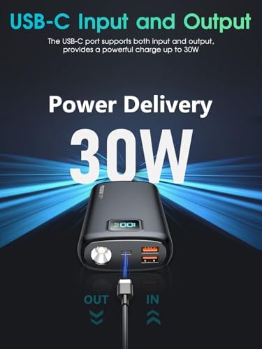 High-Capacity 40,000 m Ah Portable Power Bank with PD 30 W & QC 4.0 Fast Charging, Dual USB + Type-C Outputs, Built-in LED Flashlight & Real-Time Battery Display – Ultimate Travel Companion in Carbon Black for All Your Devices