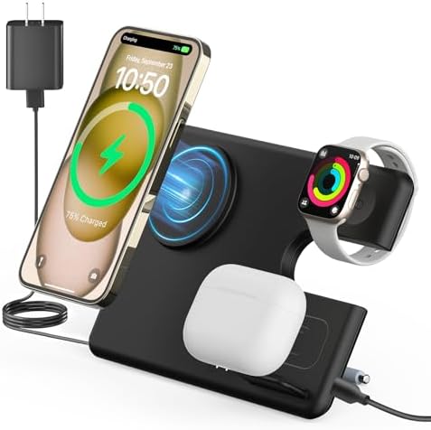 Joy Geek 3-in-1 Magnetic Travel Wireless Charger Station – Ultimate Mag-Safe Dock for i Phone 15, 14, 13, 12 Pro Max, Apple Watch Series 9-2, and Air Pods Pro 2/3 – Fast-Charge, Portable Design for Effortless Charging and Enhanced Device Compatibility