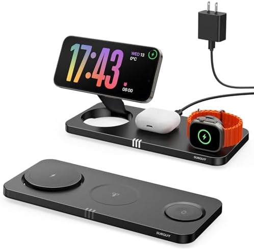 Ultimate 3-in-1 Wireless Charging Station for Apple Devices – Rapid 15 W Magnetic Charger for i Phone 16/15/14/13/12 Pro Max, Compatible with Apple Watch Series S2 to Ultra, Air Pods Pro/4/3/2 – Foldable Travel-Friendly Design for Effortless Charging Anywhere