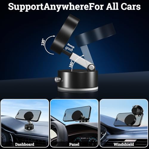 360° Vacuum Magnetic Phone Holder, Suction Cup Phone Mount, Foldable Strong Magnetic Cell Phone Holder for Car/Gym/Mirror/Smooth Surface, Compatible with Magsafe iPhone – Enhanced Compatibility and Speed