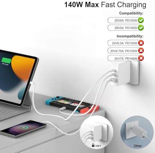 140 W Ga N USB-C Power Adapter with Foldable Plug – 3-Port Fast Charger for Samsung Galaxy Book4 Ultra & Pro – Includes 6 ft USB-C Cable – Compact Power Delivery 3.1 Technology for Laptops, Tablets & Phones – Universal Compatibility with Mac Book, Lenovo & More – Lightweight Design for Home & Travel – Optimized for Multi-Device Fast Charging – 5-Year Warranty Included – Ideal for Tech Enthusiasts and Professionals Seeking Efficient Charging Solutions