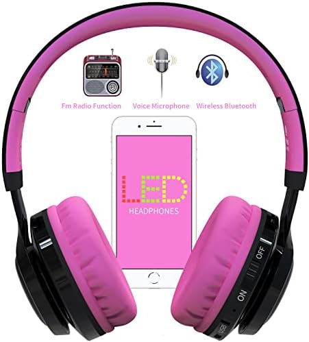 Riwbox AB005 Kids Wireless Headphones – Colorful Over-Ear Bluetooth Headset with Dynamic LED Lights, FM Radio, and TF Card Slot – Ideal Audio Companion for Tablets and TVs, Stylish Black & Pink Design for Young Music Lovers – Fun, Durable, and Safe Sound Solution for Kids