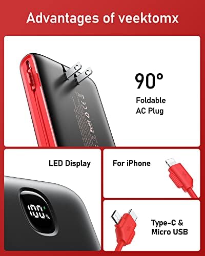 VEEKTOMX 20,000 m Ah Portable Charger with Built-in Cables and AC Wall Plug – Fast Charging Power Bank for i Phone 15/14/13 & Samsung Devices, Slim Battery Pack with LED Display for Ultimate Compatibility and On-the-Go Convenience