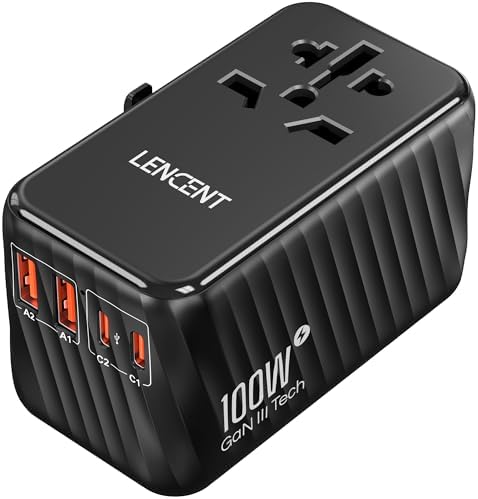 LENCENT 85 W Universal Travel Adapter with Retractable USB-C Cable – High-Speed International Plug Converter Featuring 3 Type-C & 1 USB-A Ports for Effortless Worldwide Charging – Your Ultimate Travel Essential for Maximum Compatibility, Fast Charging, and Ga N Technology Efficiency