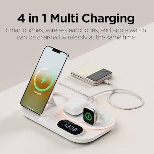 mooas 4-in-1 Fast Wireless Charging Station with LED Clock and Nightlight – Ultimate Multi-Device Charger for i Phone 15/14, Galaxy S24/S23, Apple Watch, and Air Pods – Stylish, Efficient Power Hub with Enhanced Compatibility and Fast Charging Capability