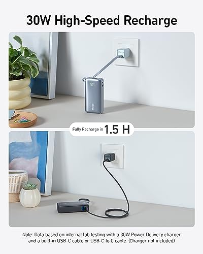 Anker Nano 10,000 m Ah Portable Charger – Ultra-Compact Power Bank with Integrated USB-C Cable for Fast Charging – 30 W Output for i Phone 16/15, Mac Book, Galaxy, Air Pods, and More – Eco-Friendly Design for On-the-Go Professionals