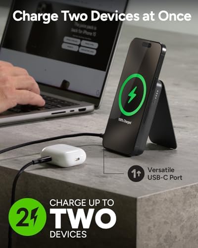 Mophie snap+ Juice Pack Mini with Stand (2023) – 5000 m Ah Magnetic Portable Charger for Mag Safe, Wireless Charging, and Hands-Free Use – Sleek USB-C Power Bank for On-the-Go Convenience and Enhanced Device Compatibility
