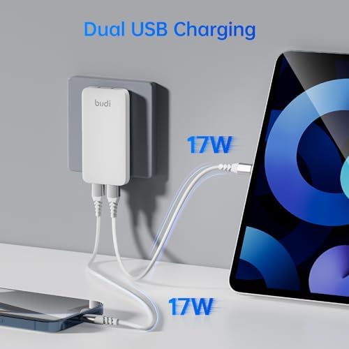BUDI 33 W Ultra-Slim Travel Wall Charger – Dual USB Fast Charging Adapter for Mac Book, i Pad, i Phone, Samsung Galaxy & More – Compact Design with Advanced Safety Features for Effortless Device Charging