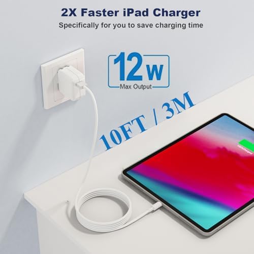 Ultimate 2-Pack i Pad Charger Set: 10 FT Lightning Cable & 12 W Foldable USB Wall Adapter for Quick & Reliable Charging – Compatible with i Pad 4/5/6/7/8/9, Mini & Air Models – Travel-Friendly Design for Uninterrupted Use