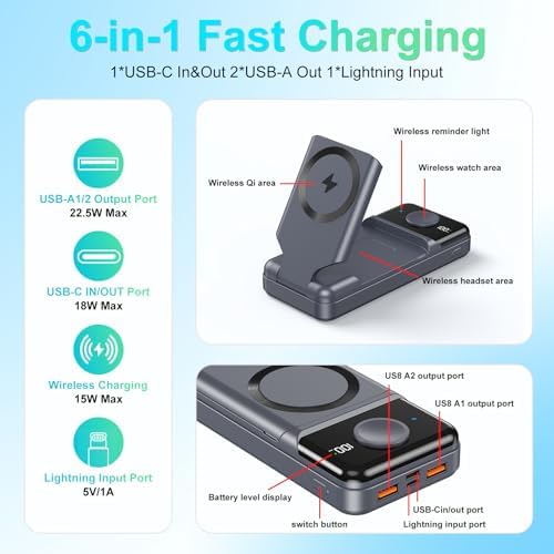 Ultimate 6-in-1 Magnetic Power Bank: 23800 m Ah Wireless Charging Hub with LED Battery Indicator, 22.5 W Fast Charge for i Phone 15/14/13, Apple Watch & Air Pods – Versatile Travel Charging Station with Smart Safety Features & Magnetic Phone Stand for Hands-Free Convenience