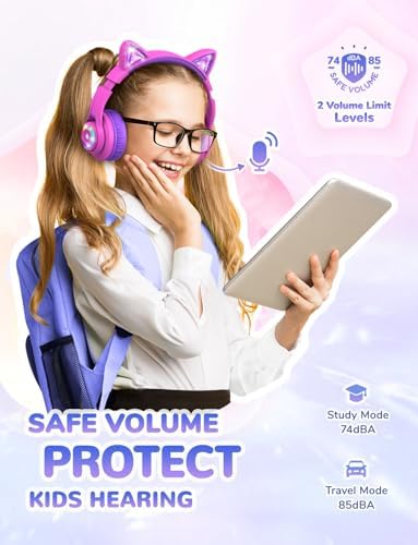 Magical Cat Ear Bluetooth Headphones for Kids – Mesmerizing Gradient Pink with LED Glow, 50-Hour Battery Life, Safe 74/85 d BA Volume Limiting, Superior Bluetooth 5.2 Connectivity & Rapid USB-C Charging for Ultimate Travel Convenience and Enjoyment