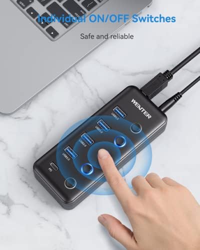 Maximize Your Connectivity with the Wenter 5-Port USB 3.0 Hub – Fast Data Transfer and Type-C Charging Hub for Mac & PC, Featuring Individual LED Switches for Power Management and Enhanced Performance