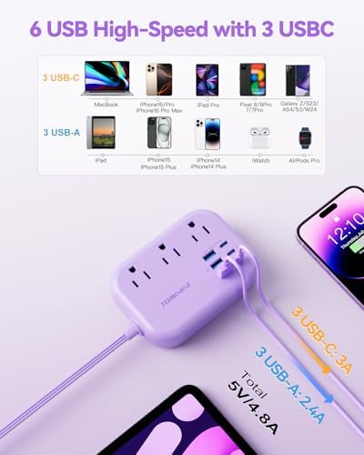 Compact 6-Port USB Power Strip with 3 AC Outlets and 6 USB Charging Ports for Ultimate Travel Convenience – 24 W/4.8 A Power Delivery, 3 FT Extension Cord, Slim Flat Plug Ideal for Cruise Ships, Offices, Dorms, and i Phone 15 Compatibility – Essential Multi-Port Charger for Efficient Device Charging