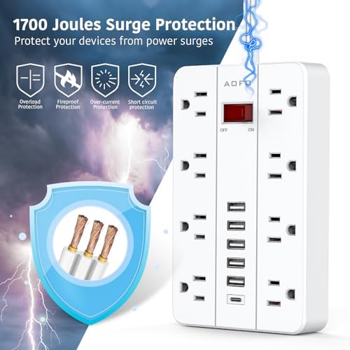 Compact Surge Protector Power Strip with 8 Outlets & 6 USB Ports – AOFO 5 ft Flat Extension Cord for Travel, Office & Dorm – Durable Design with USB-C Fast Charging, Enhanced Safety & Space Efficiency
