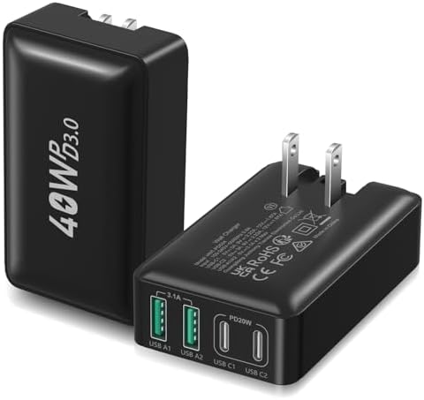 Excgood 40 W Multi-Port USB C Charger Block – 4-Port Fast Charging Wall Adapter with Dual PD & QC Technology, Compact Foldable Design for Travel, Compatible with i Phone 16/15 Pro Max/14/13, i Pad, Galaxy S23 – Sleek Black Finish, 2-Pack for Ultimate Device Compatibility and Efficiency