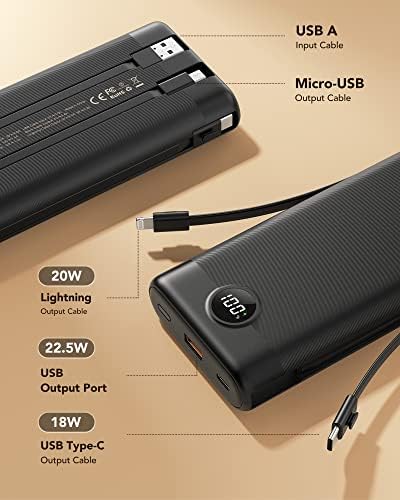 VEEKTOMX 10,000 m Ah Portable Power Bank with Integrated Charging Cables – Slim, Lightweight Fast Charger for i Phone, Samsung, and Android Devices – Essential Travel Companion with Intelligent Charging Technology for On-the-Go Convenience