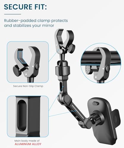 Revolutionary Aluminum Alloy Rear View Mirror Phone Holder – Universal Smartphone Mount for Cars & Trucks, Effortless Multi-Angle Adjustment for Enhanced Safety and Hands-Free Navigation – Optimize Your Driving Comfort with Superior Connectivity and Convenience